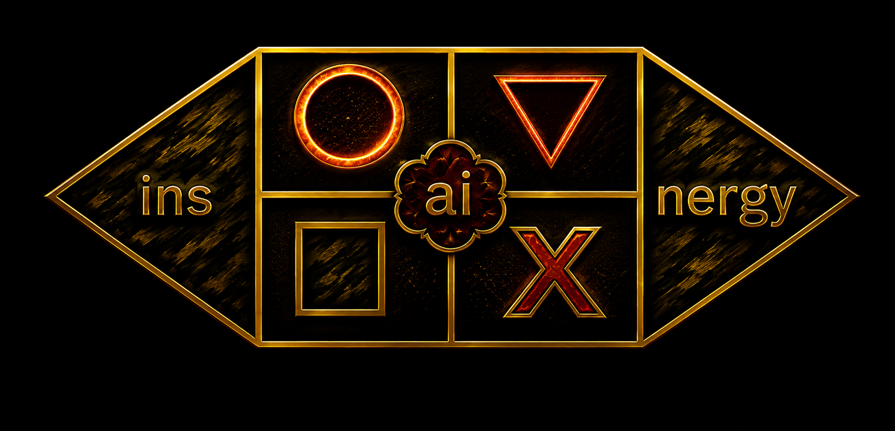 Insainergy wordmark: an ornate gold diamond frame with circle, inverted triangle, square and cross glyphs, spelling ins-ai-ergy